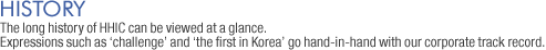 History : The long history of HHIC can be viewed at a glance. Expressions such as ¡®challenge¡¯ and ¡®the first in Korea¡¯ go hand-in-hand with our corporate track record.